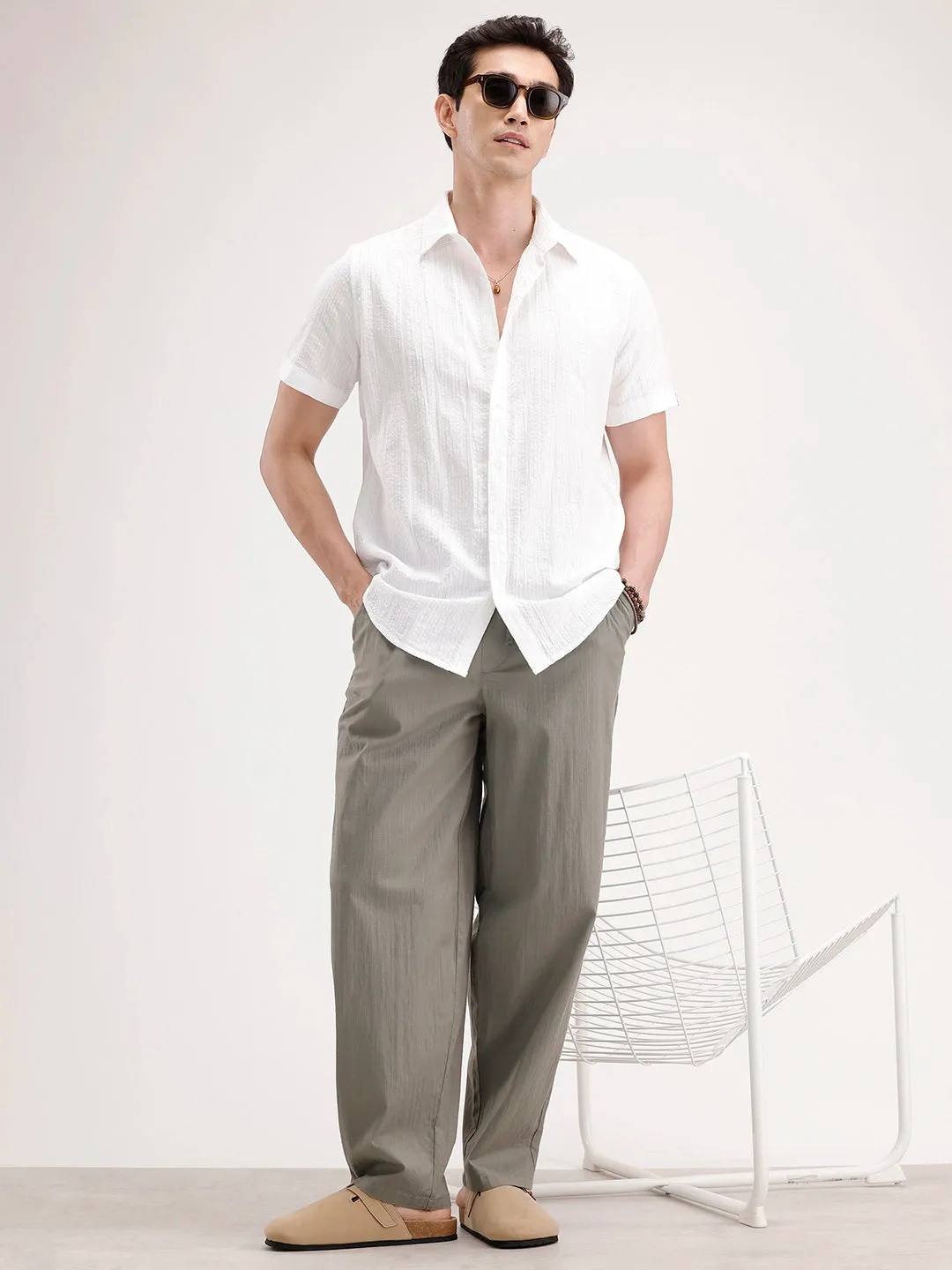 Slim Fit Textured Half Sleeve Shirt | White sold by Wrogn product image thumbnail 2