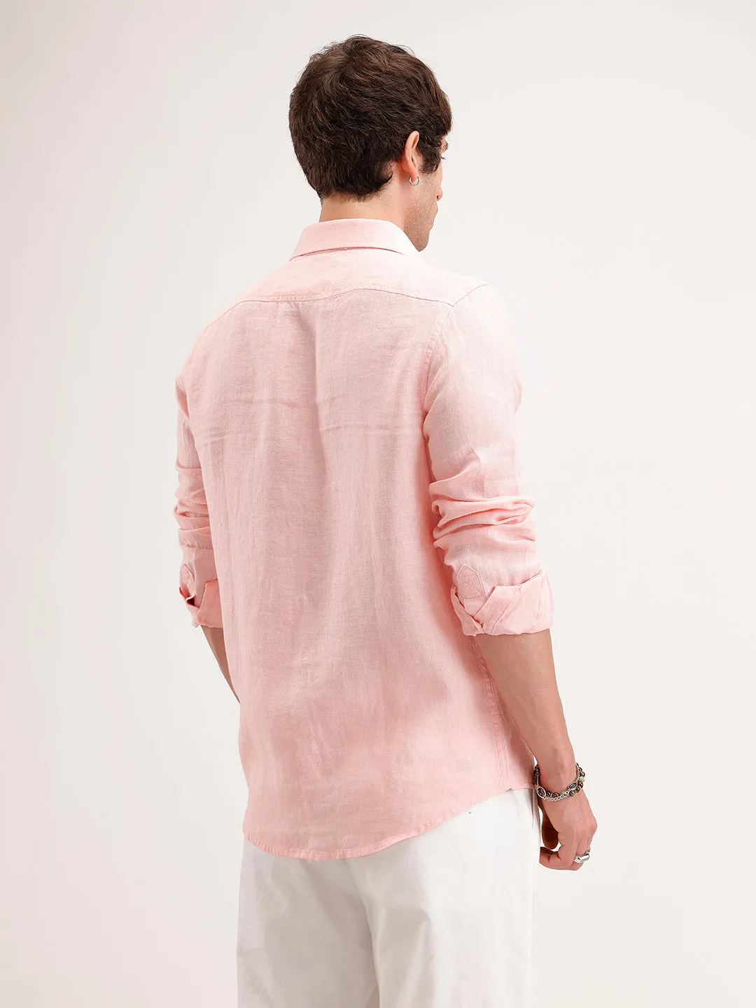 Solid 100% Linen Slim Fit Shirt | Pink sold by Wrogn product image thumbnail 3