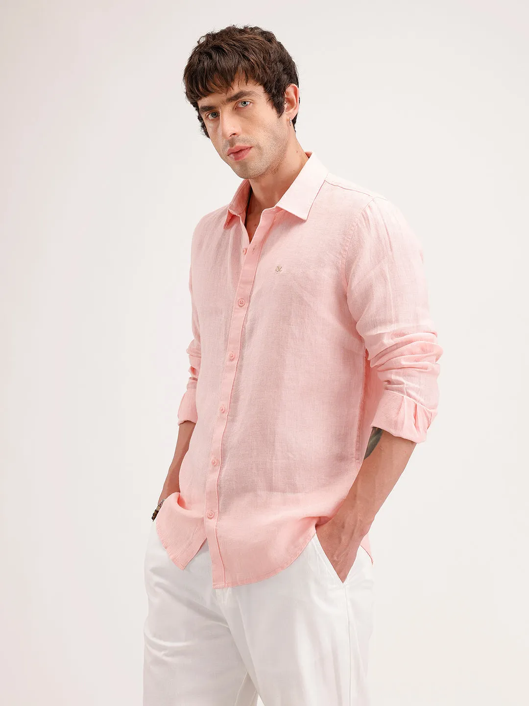 Solid 100% Linen Slim Fit Shirt | Pink sold by Wrogn product image thumbnail 4