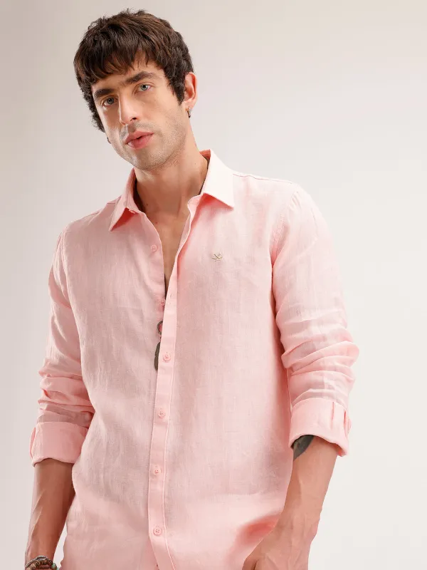 Solid 100% Linen Slim Fit Shirt | Pink made by Wrogn