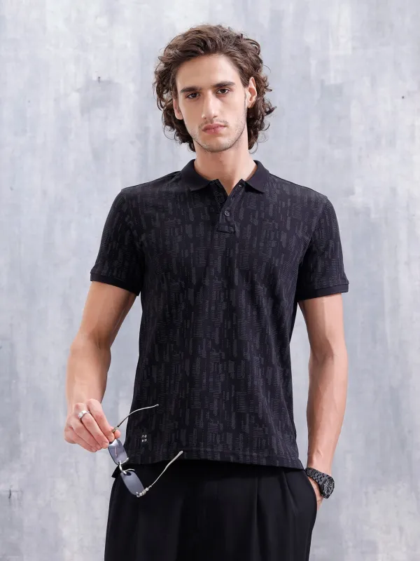 Aop Printed Slim Fit Polo Collar T-shirt | Black made by Wrogn