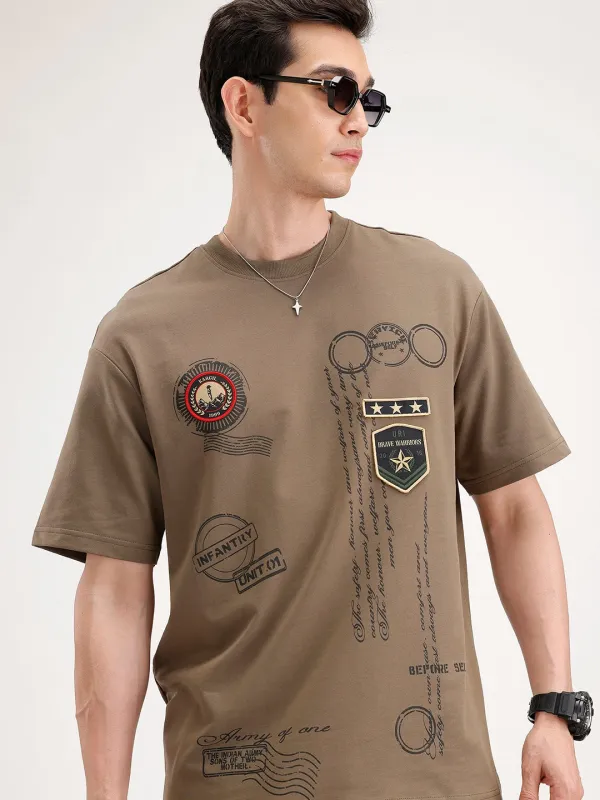 Oversized Placement Printed T-Shirt | Olive sold by Wrogn