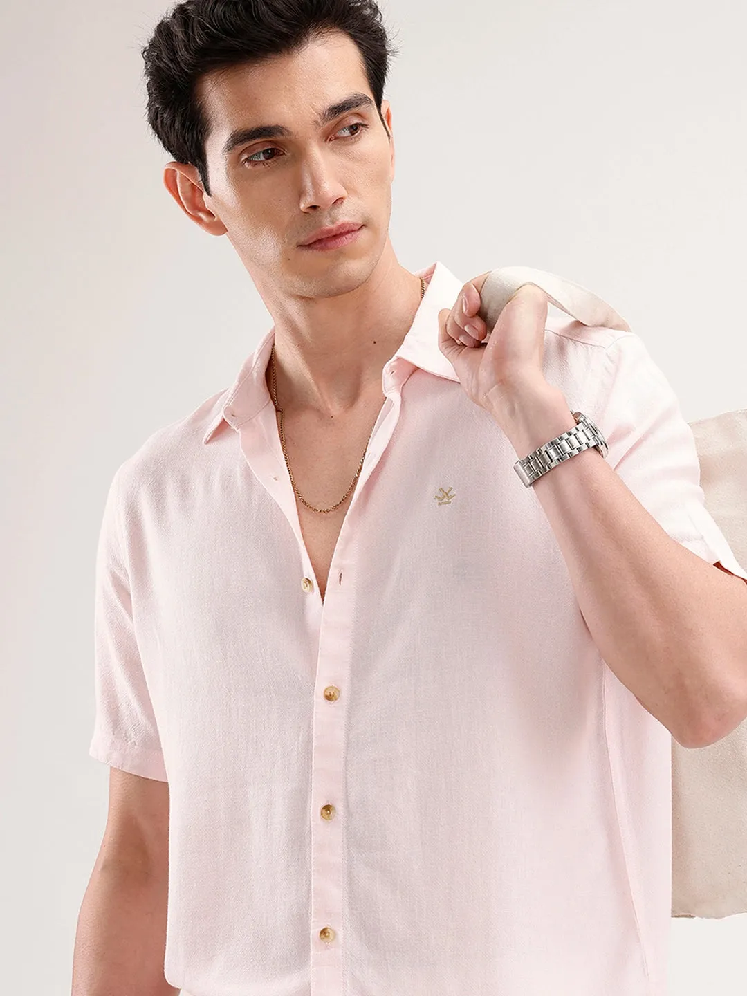 Slim Fit Linen Blend Shirt | Pink sold by Wrogn