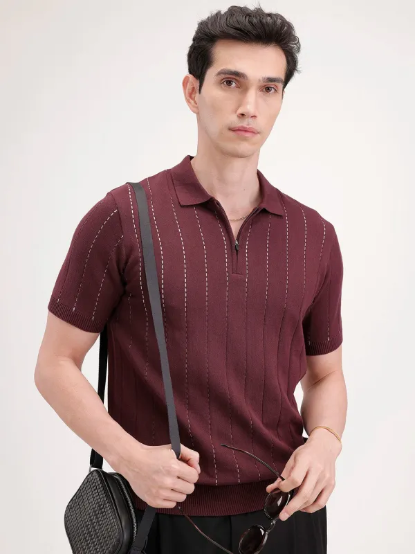 Slim Fit Flat Knit Polo T-Shirt | Maroon made by Wrogn