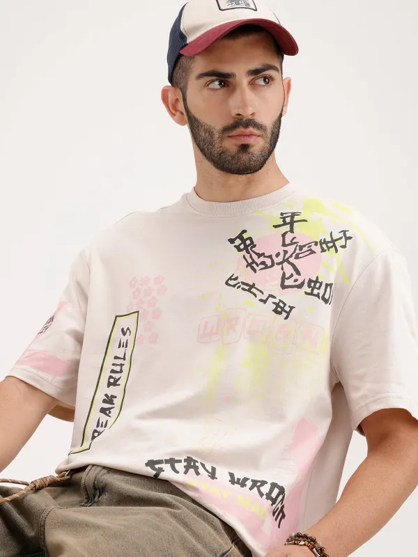 Oversized Placement Printed T-Shirt | Beige sold by Wrogn