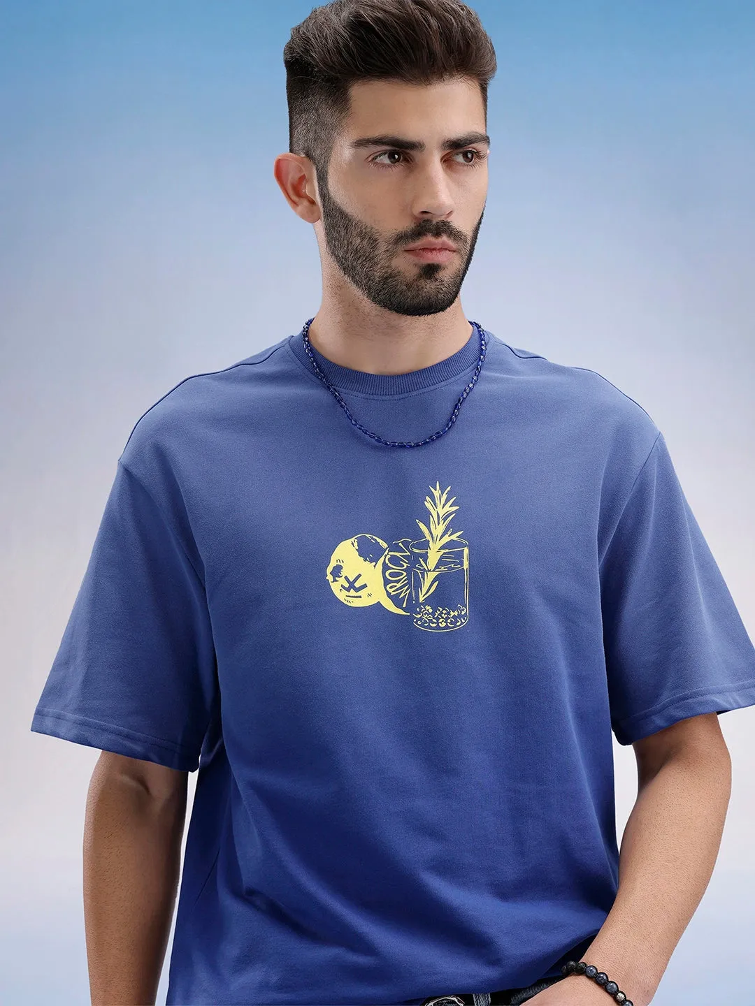 Oversized Fit Front Printed T-Shirt | Blue sold by Wrogn