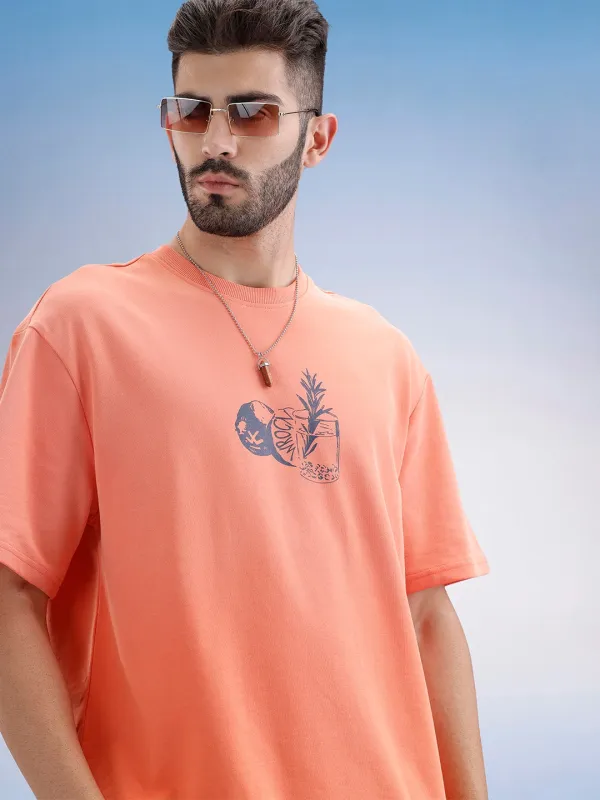 Oversized Fit Front Printed T-Shirt | Peach sold by Wrogn