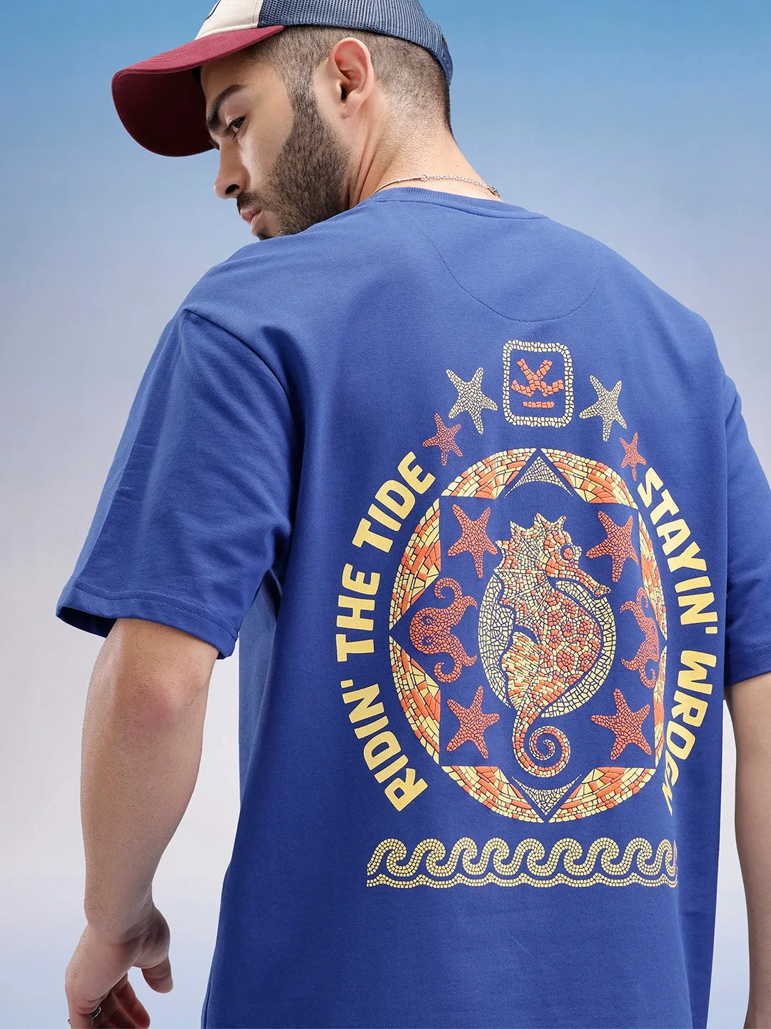 Oversized Fit Puffer Back Printed T-Shirt | Blue sold by Wrogn