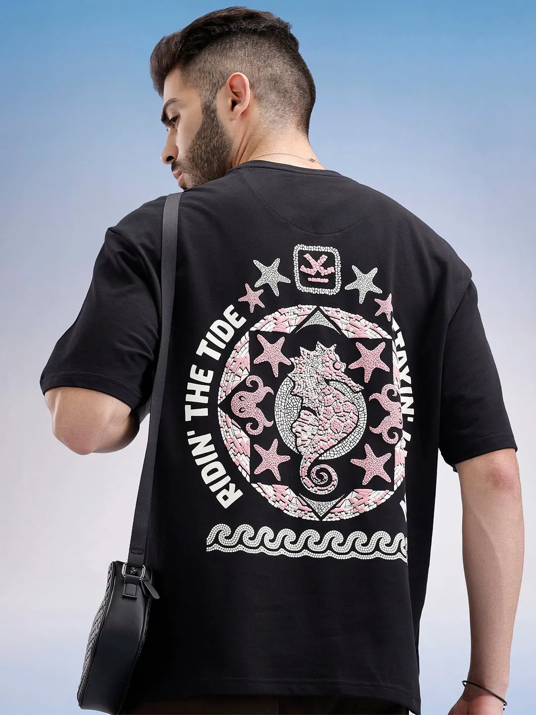 Oversized Fit Puffer Back Printed T-Shirt | Black sold by Wrogn