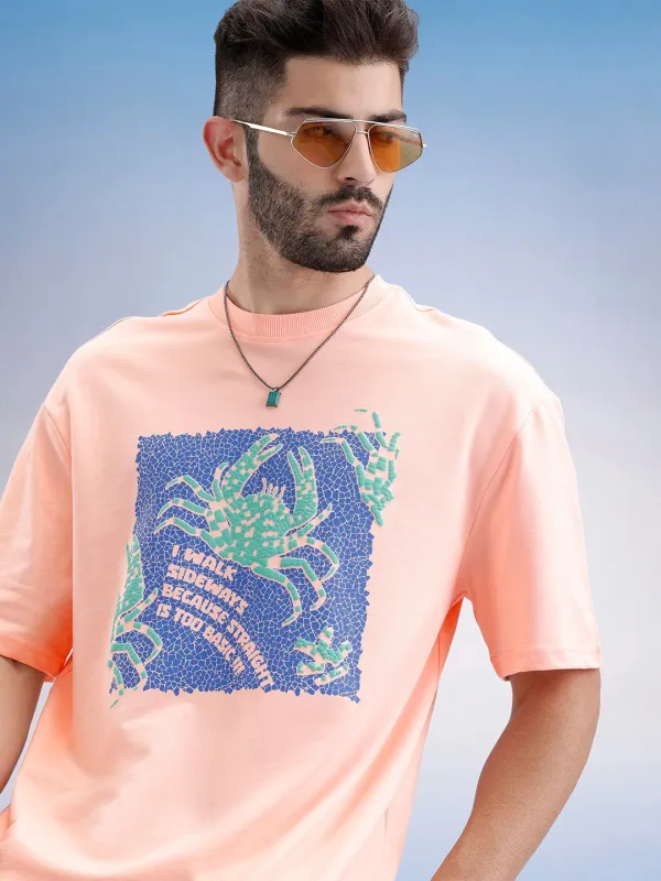 Oversized Fit Puffer Printed T-Shirt | Peach sold by Wrogn