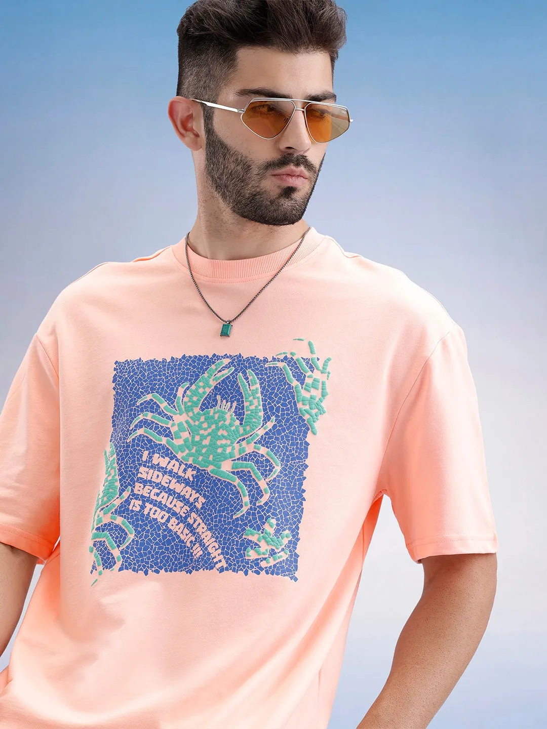 Oversized Fit Puffer Printed T-Shirt | Peach sold by Wrogn