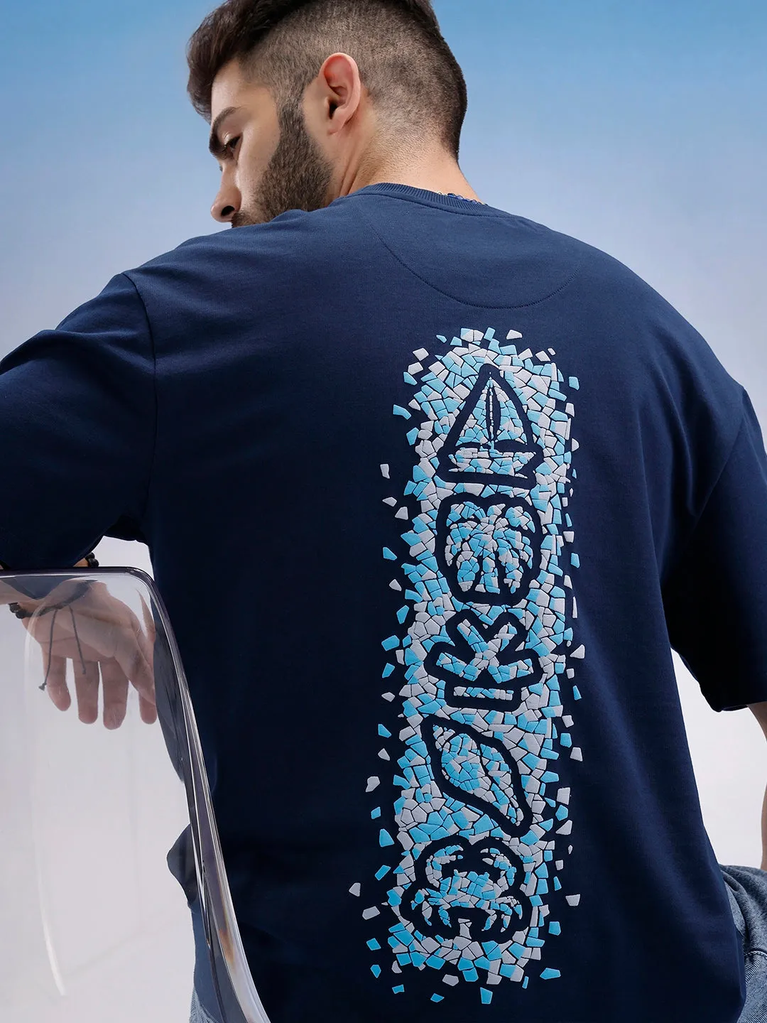 Oversized Fit Puffer Back Printed T-Shirt | Navy Blue sold by Wrogn