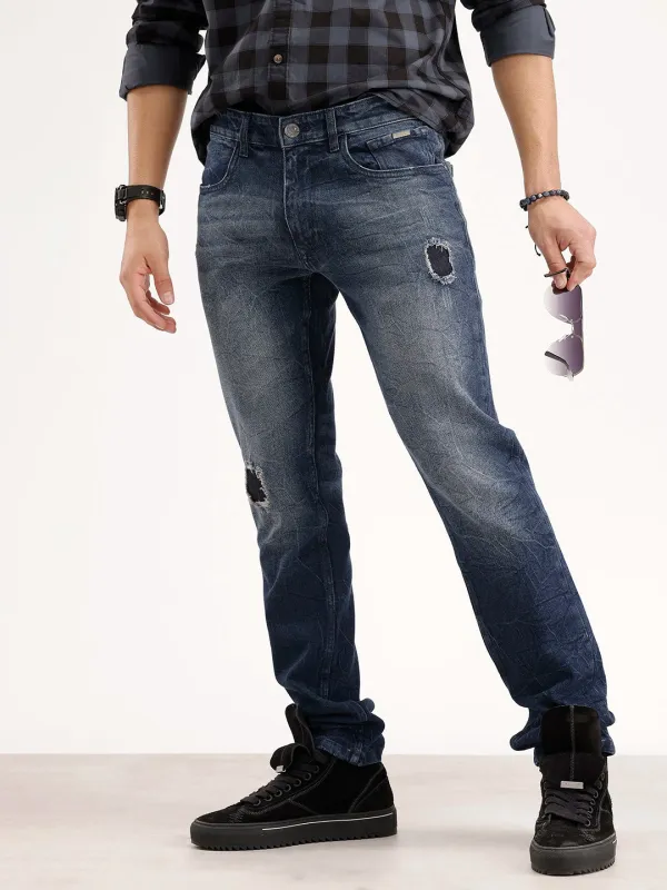 Slim Fit Distressed Denim Jeans | Blue made by Wrogn