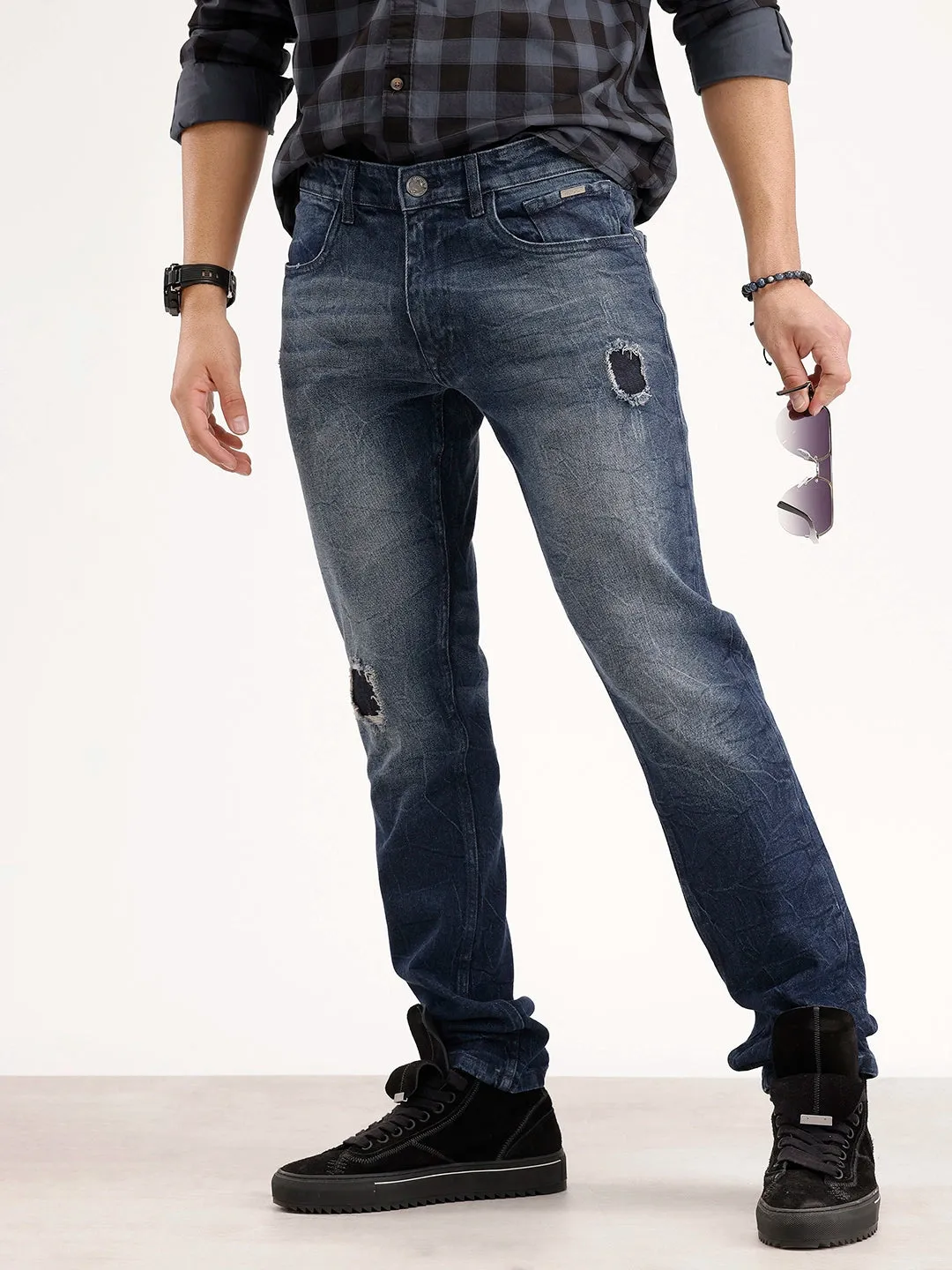 Slim Fit Distressed Denim Jeans | Blue sold by Wrogn