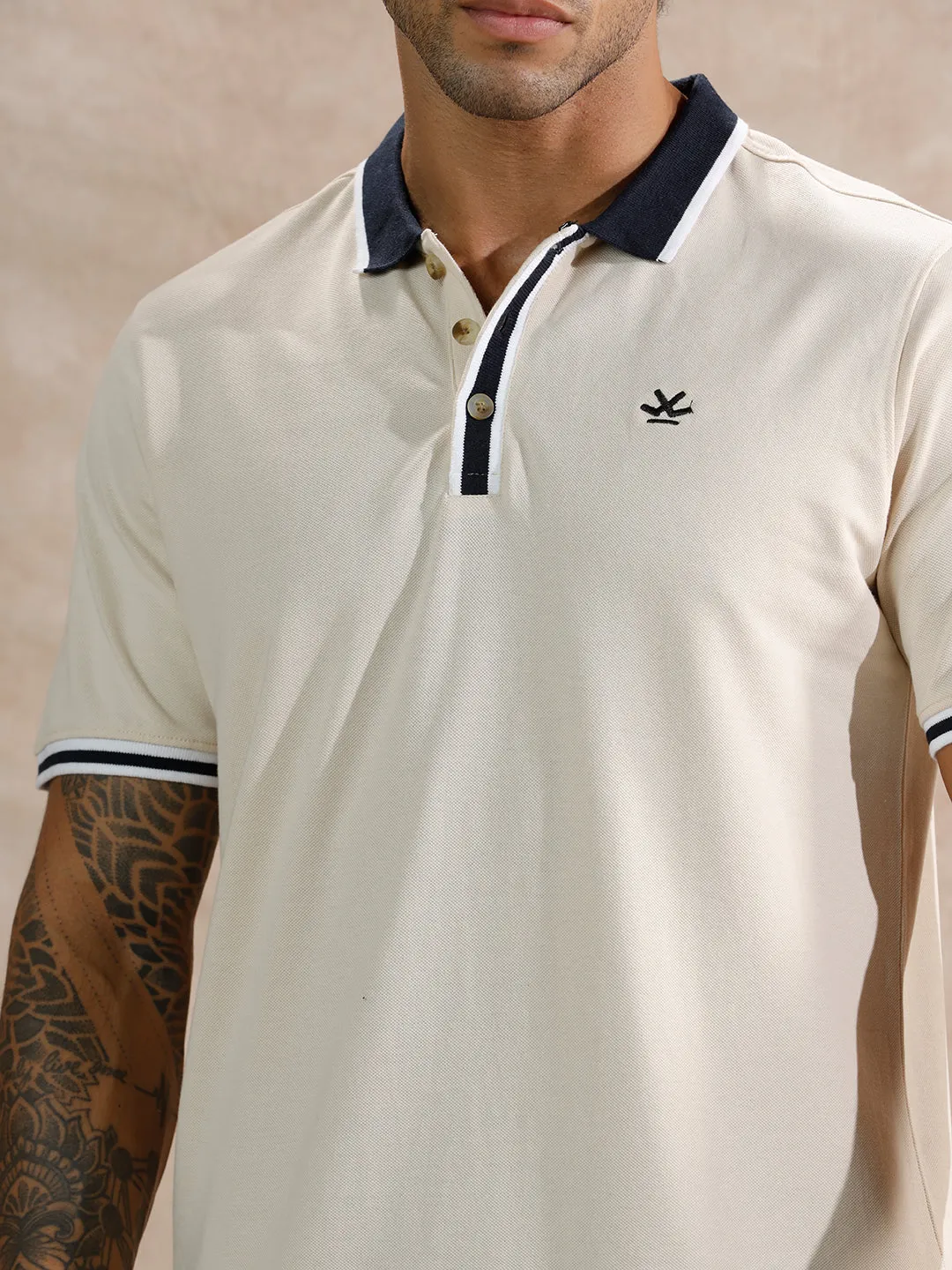 Stripped Collar Slim Fit Polo T-Shirt | Beige sold by Wrogn product image thumbnail 5