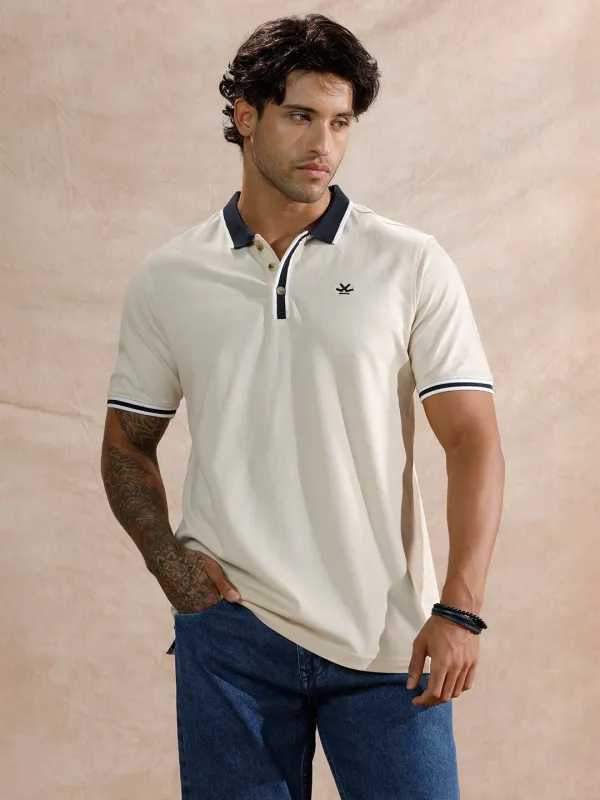 Stripped Collar Slim Fit Polo T-Shirt | Beige made by Wrogn