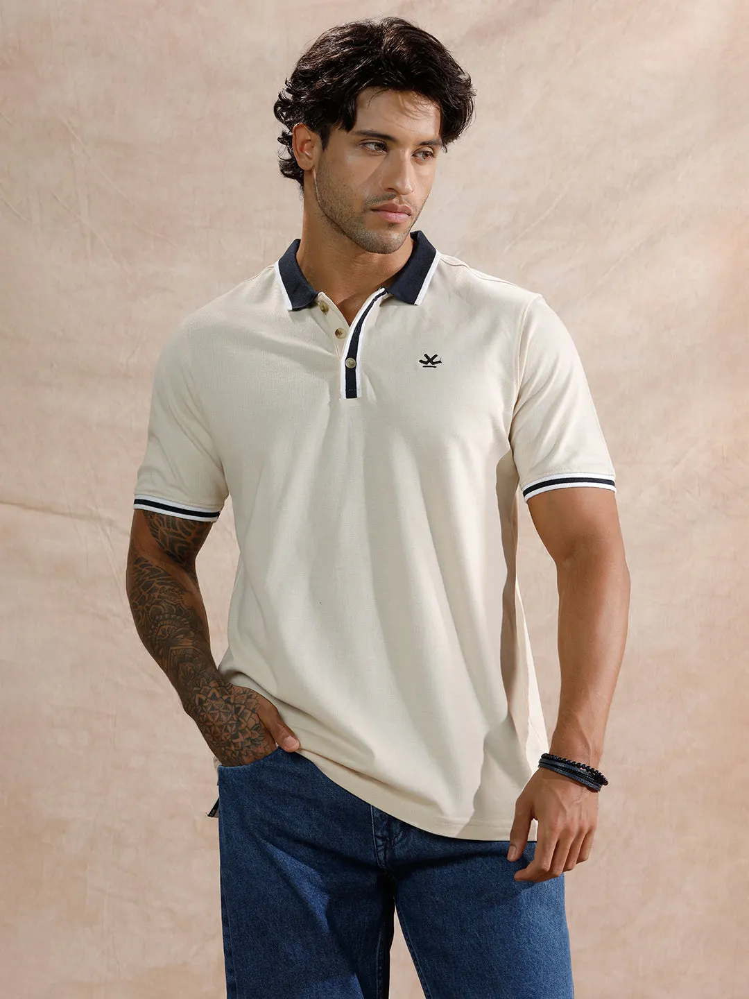 Stripped Collar Slim Fit Polo T-Shirt | Beige sold by Wrogn
