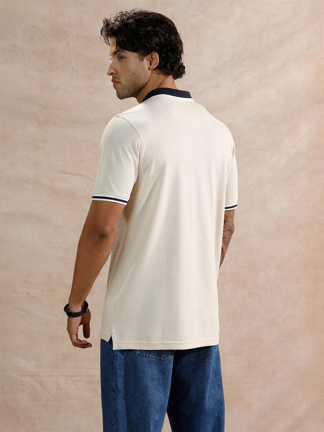 Stripped Collar Slim Fit Polo T-Shirt | Beige sold by Wrogn product image thumbnail 3