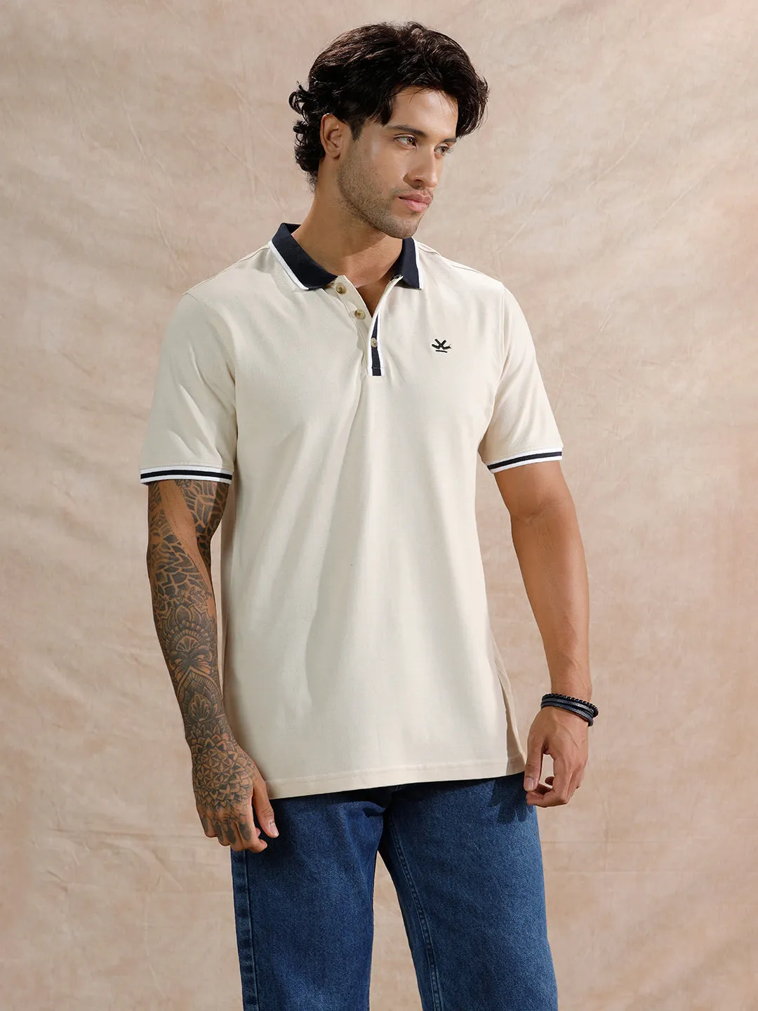 Stripped Collar Slim Fit Polo T-Shirt | Beige sold by Wrogn product image thumbnail 4