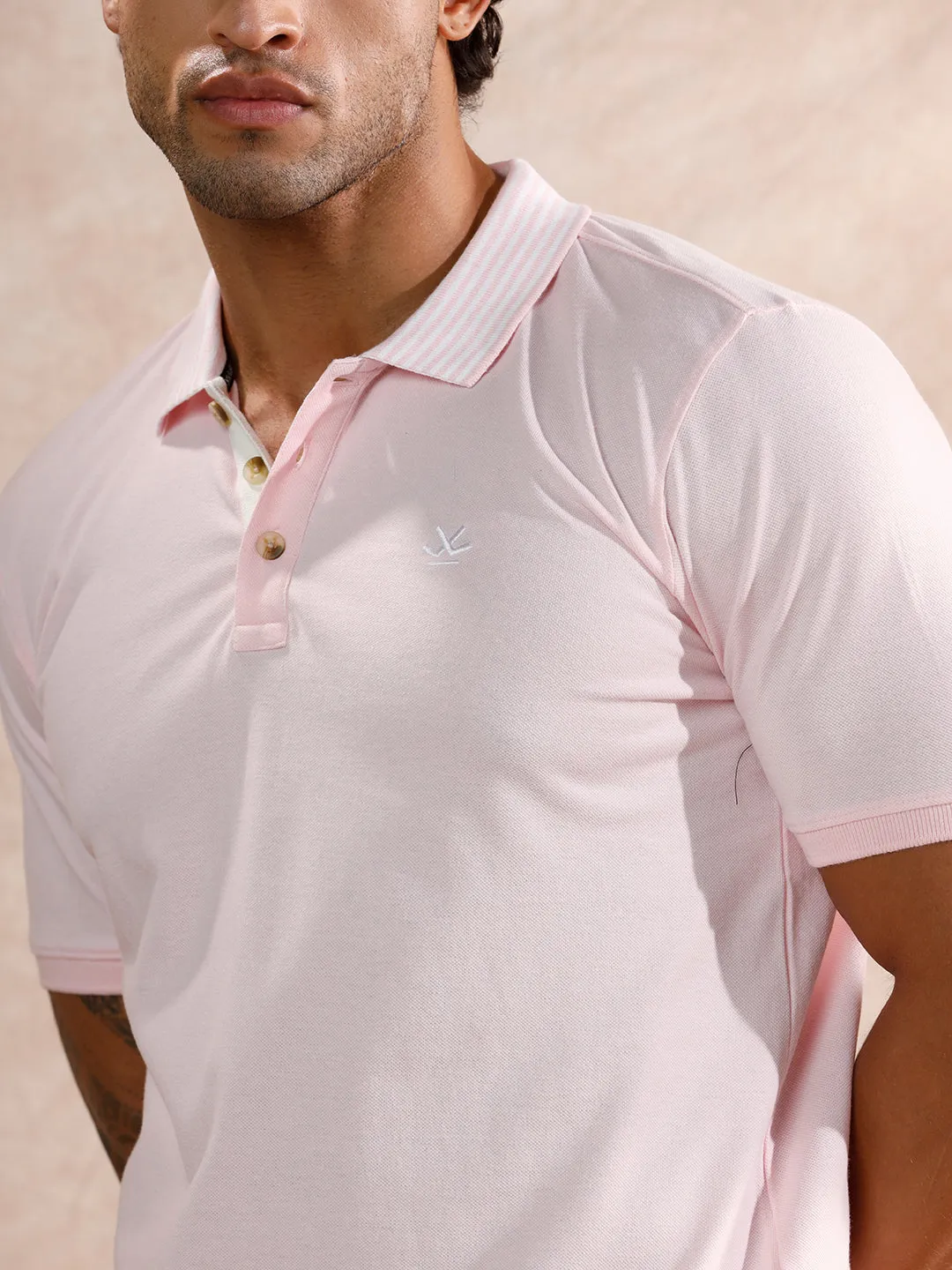 Striped Collar Slim Fit Polo T-Shirt | Light Pink sold by Wrogn product image thumbnail 5