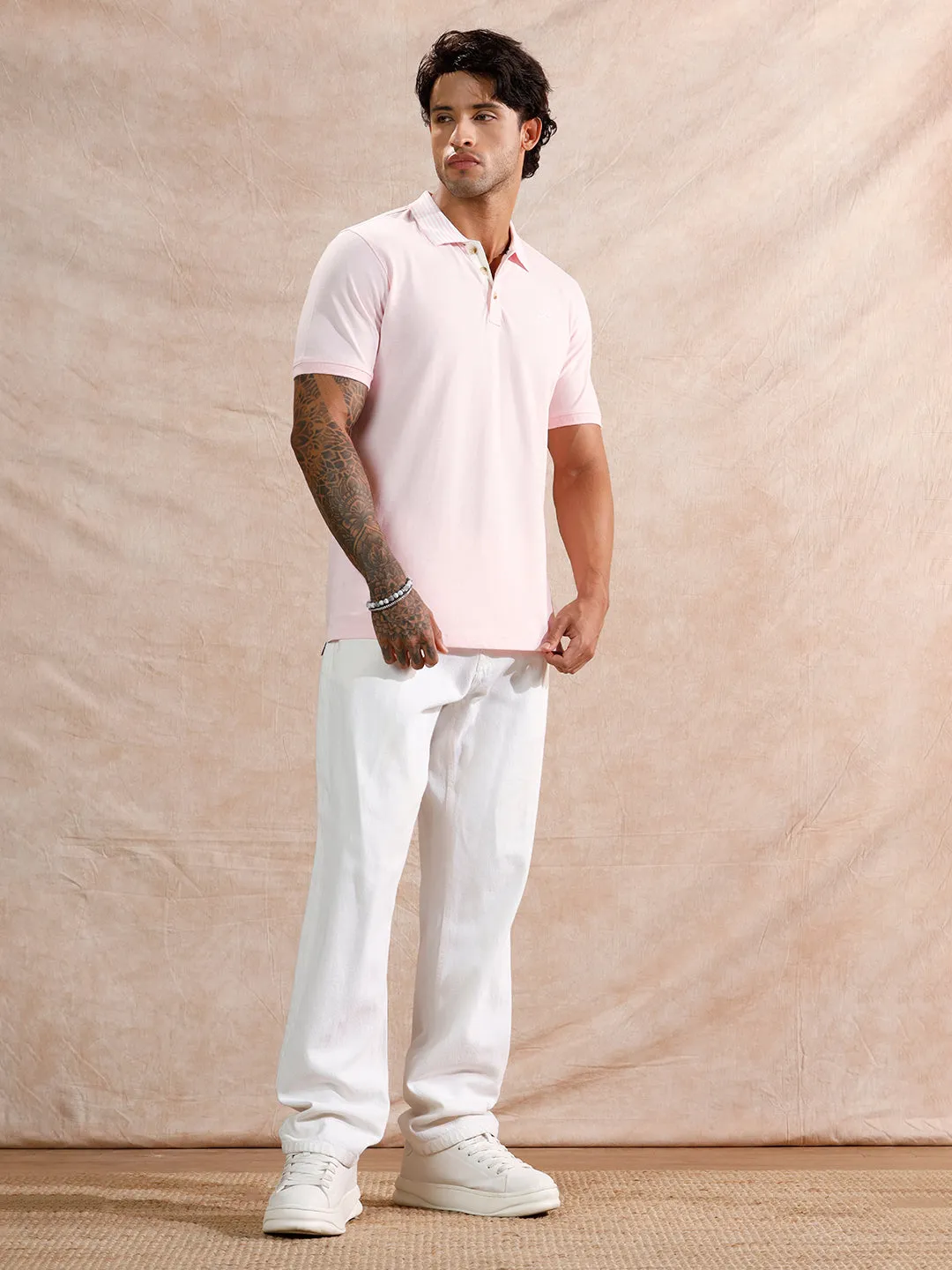 Striped Collar Slim Fit Polo T-Shirt | Light Pink sold by Wrogn product image thumbnail 2