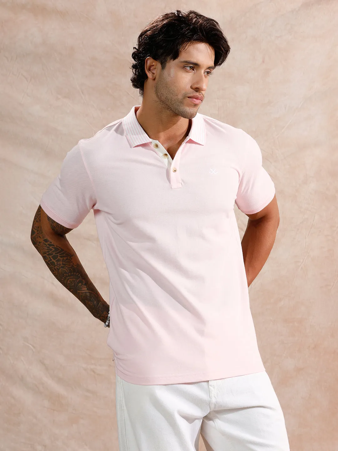 Striped Collar Slim Fit Polo T-Shirt | Light Pink sold by Wrogn