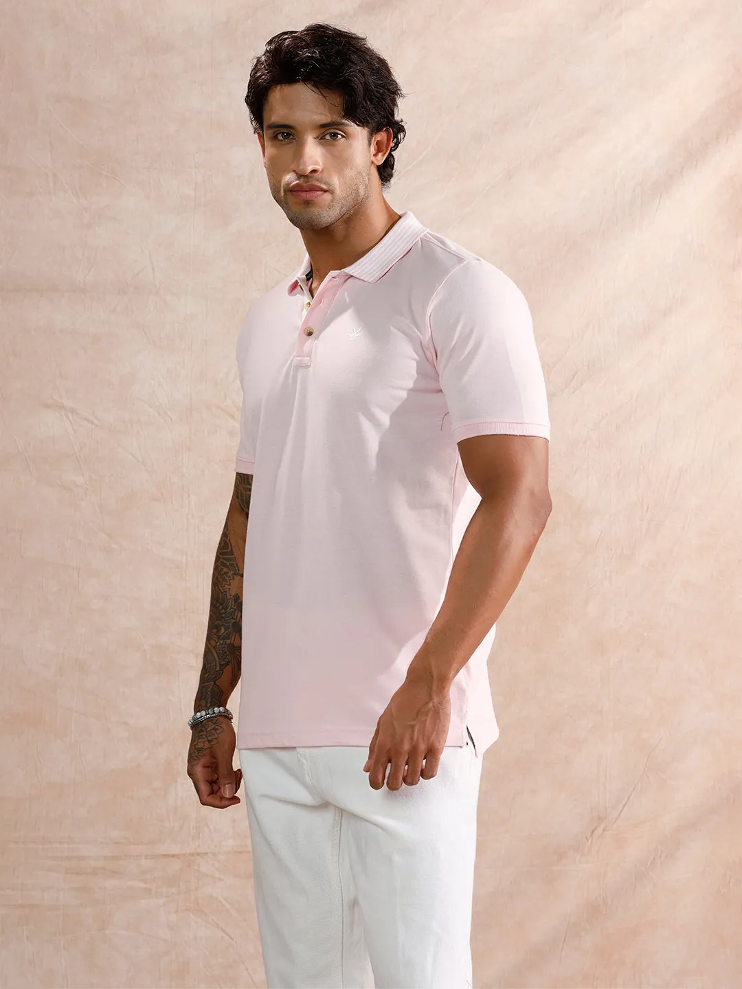 Striped Collar Slim Fit Polo T-Shirt | Light Pink sold by Wrogn product image thumbnail 4