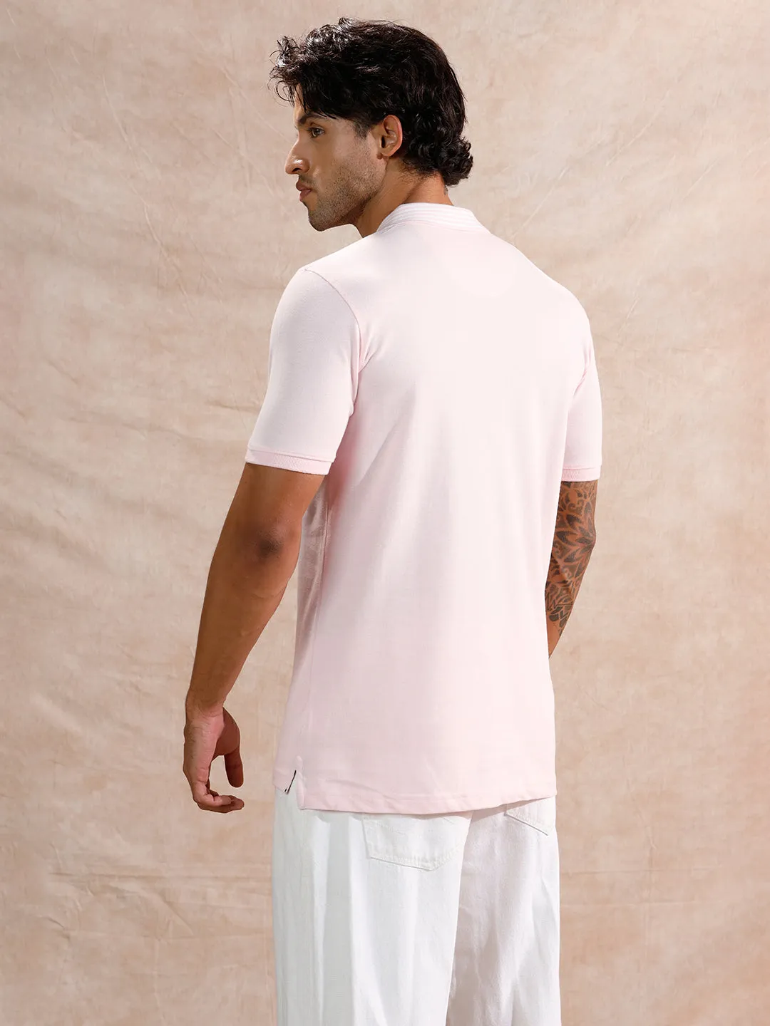 Striped Collar Slim Fit Polo T-Shirt | Light Pink sold by Wrogn product image thumbnail 3