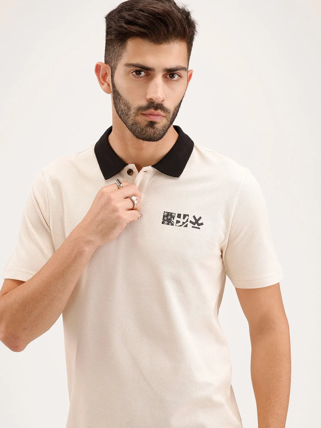 Slim Fit contrast Collar Polo T-Shirt | Beige sold by Wrogn