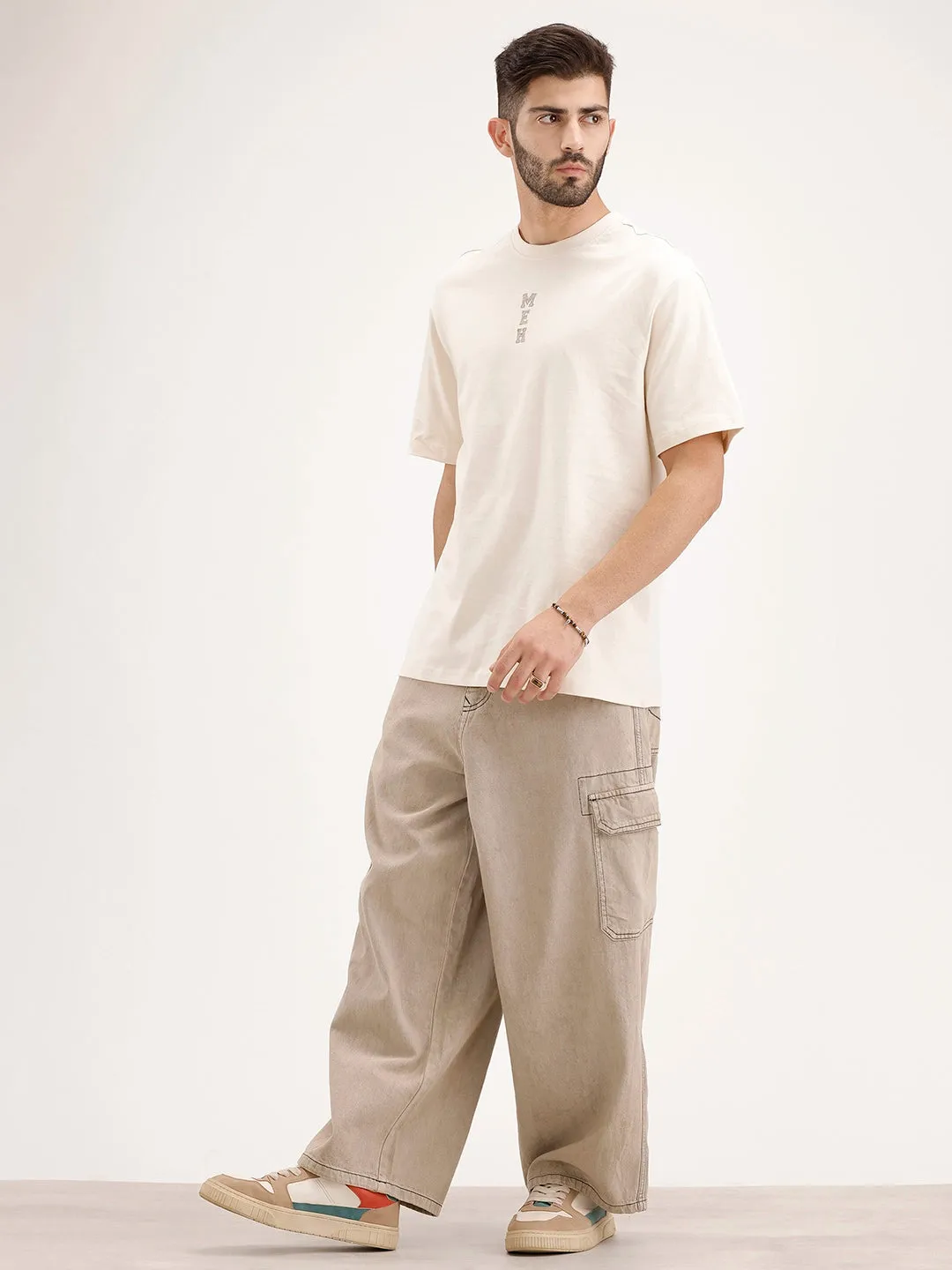 Oversized Embrodered Patch Detail T-Shirt | Beige sold by Wrogn product image thumbnail 2