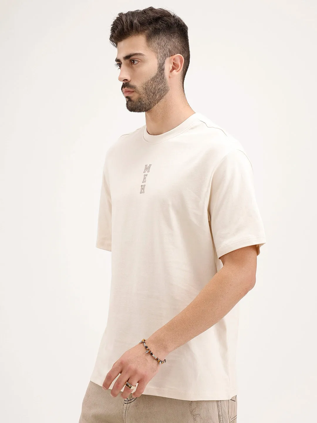 Oversized Embrodered Patch Detail T-Shirt | Beige sold by Wrogn product image thumbnail 4