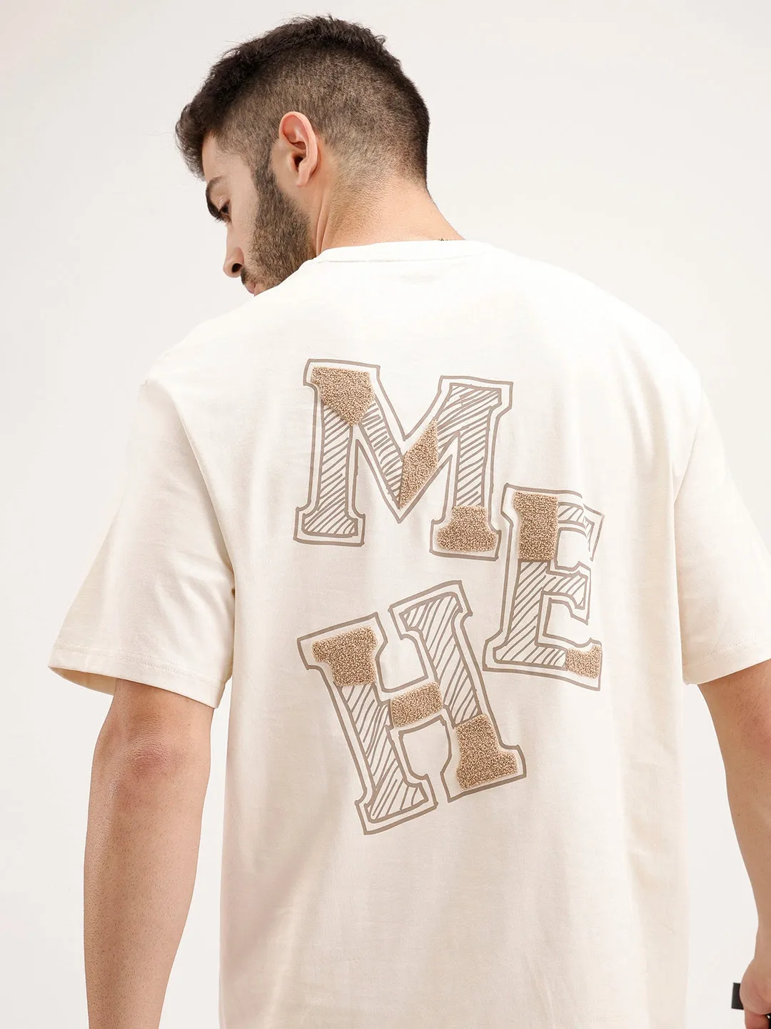 Oversized Embrodered Patch Detail T-Shirt | Beige sold by Wrogn