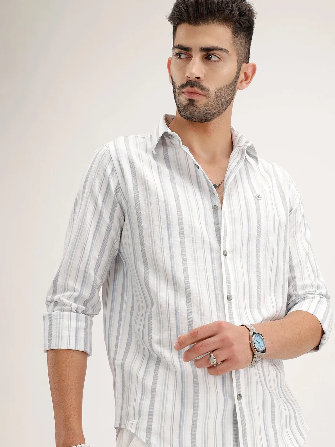 Classic Slim Fit Striped Shirt | Blue sold by Wrogn