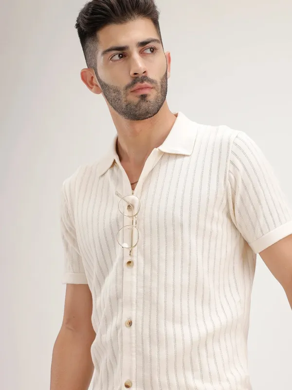 Slim Fit Textured Half Sleeve Shirt | Off White made by Wrogn