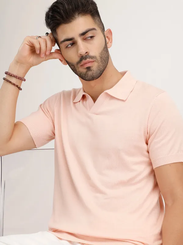Slim Fit Flat Knit Polo T-Shirt | Peach made by Wrogn