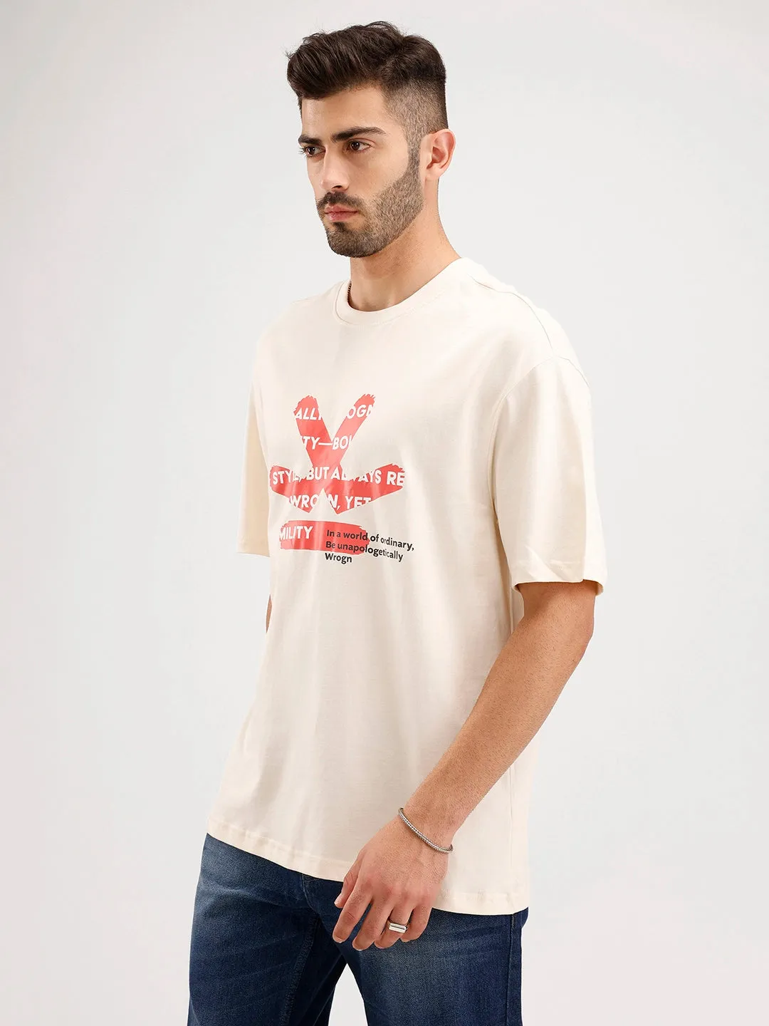 Oversized Fit Placemet Printed T-Shirt | Beige sold by Wrogn product image thumbnail 4