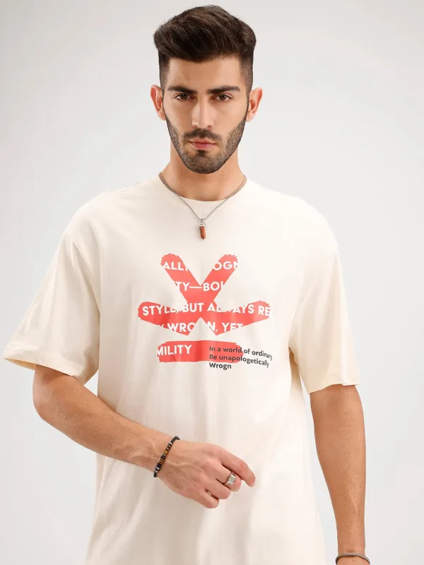 Oversized Fit Placemet Printed T-Shirt | Beige sold by Wrogn