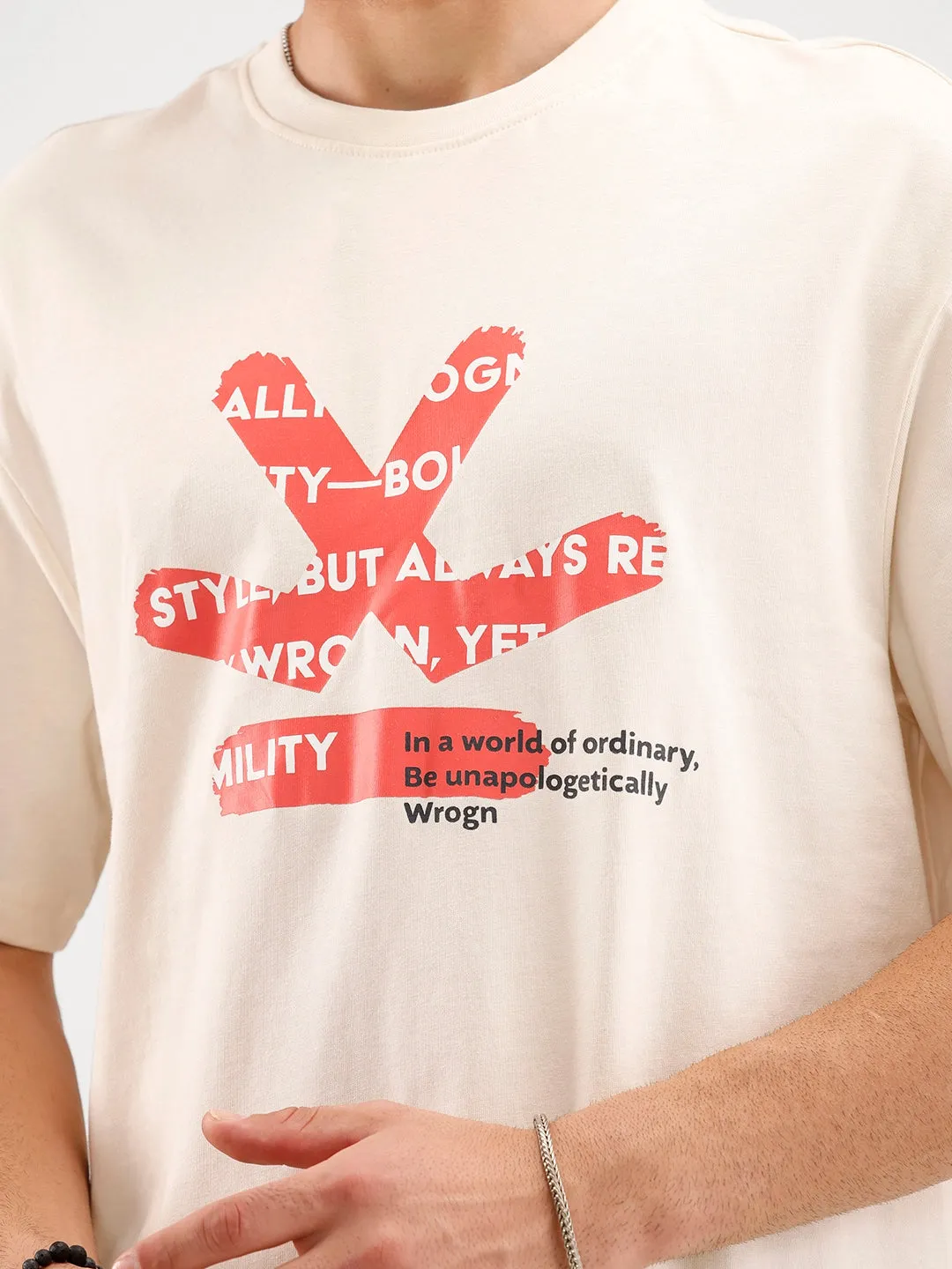 Oversized Fit Placemet Printed T-Shirt | Beige sold by Wrogn product image thumbnail 5