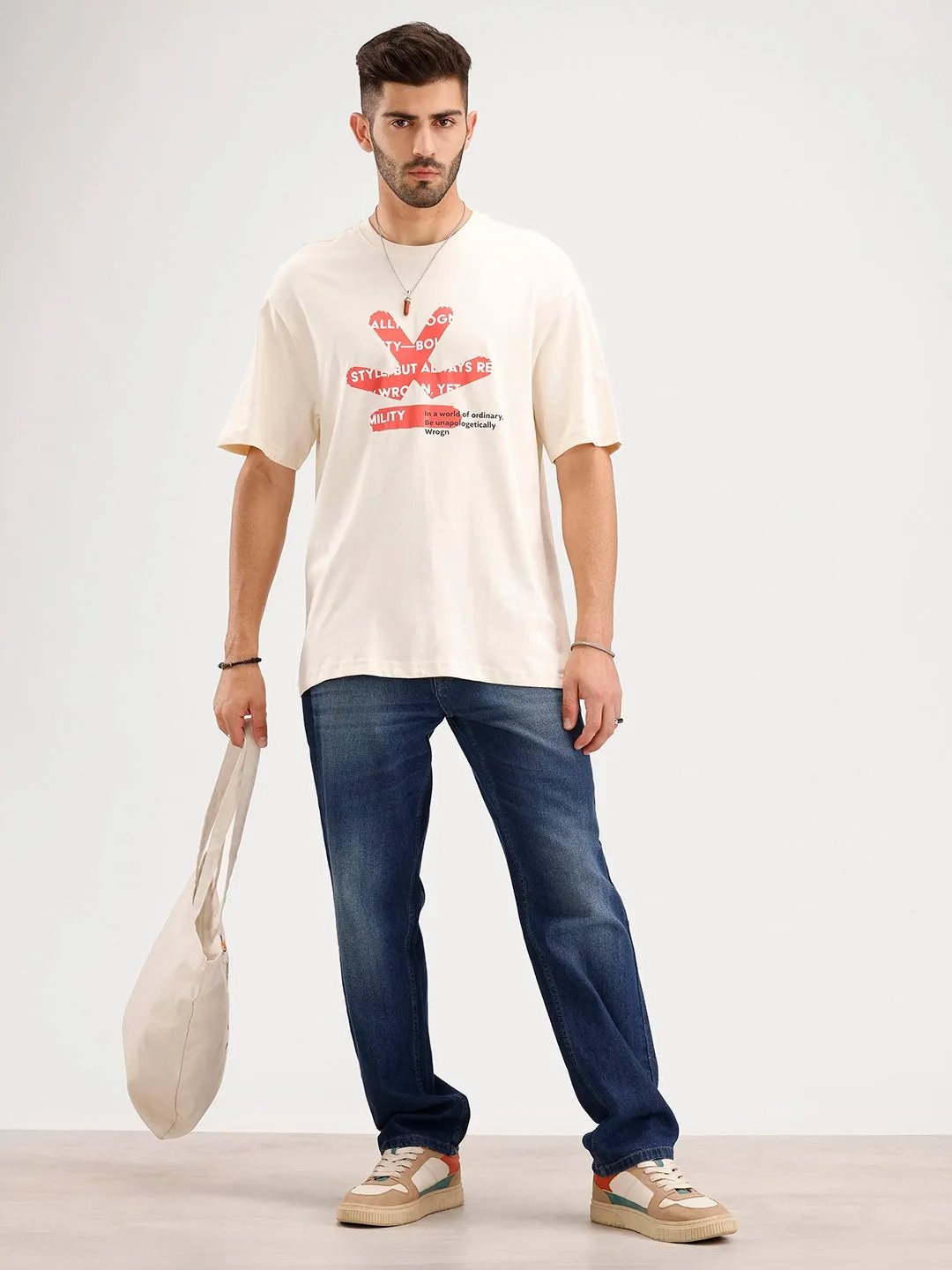 Oversized Fit Placemet Printed T-Shirt | Beige sold by Wrogn product image thumbnail 2