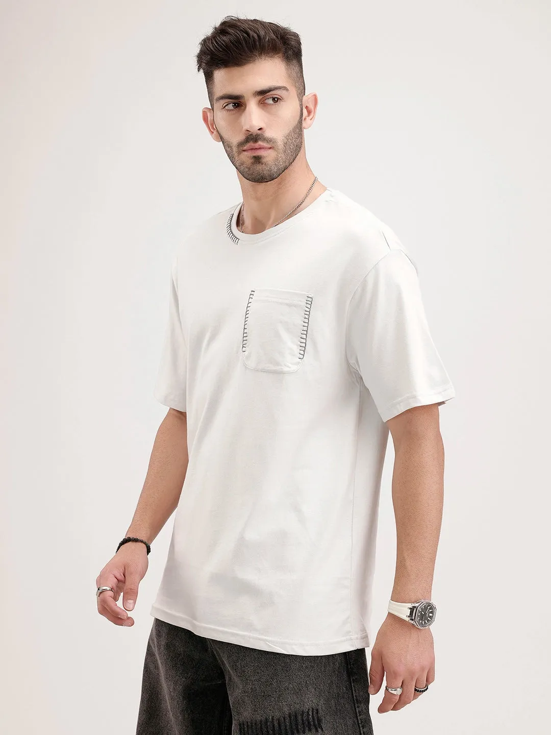 Oversized Embroidered Patch Pocket | White sold by Wrogn product image thumbnail 4