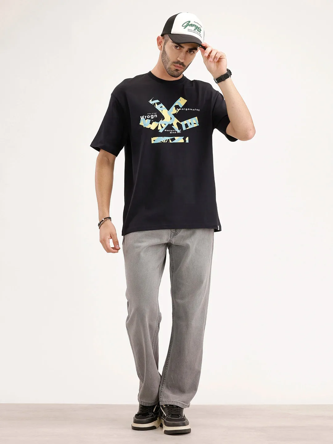 Oversized Fit Placement Printed T-Shirt | Black sold by Wrogn product image thumbnail 2