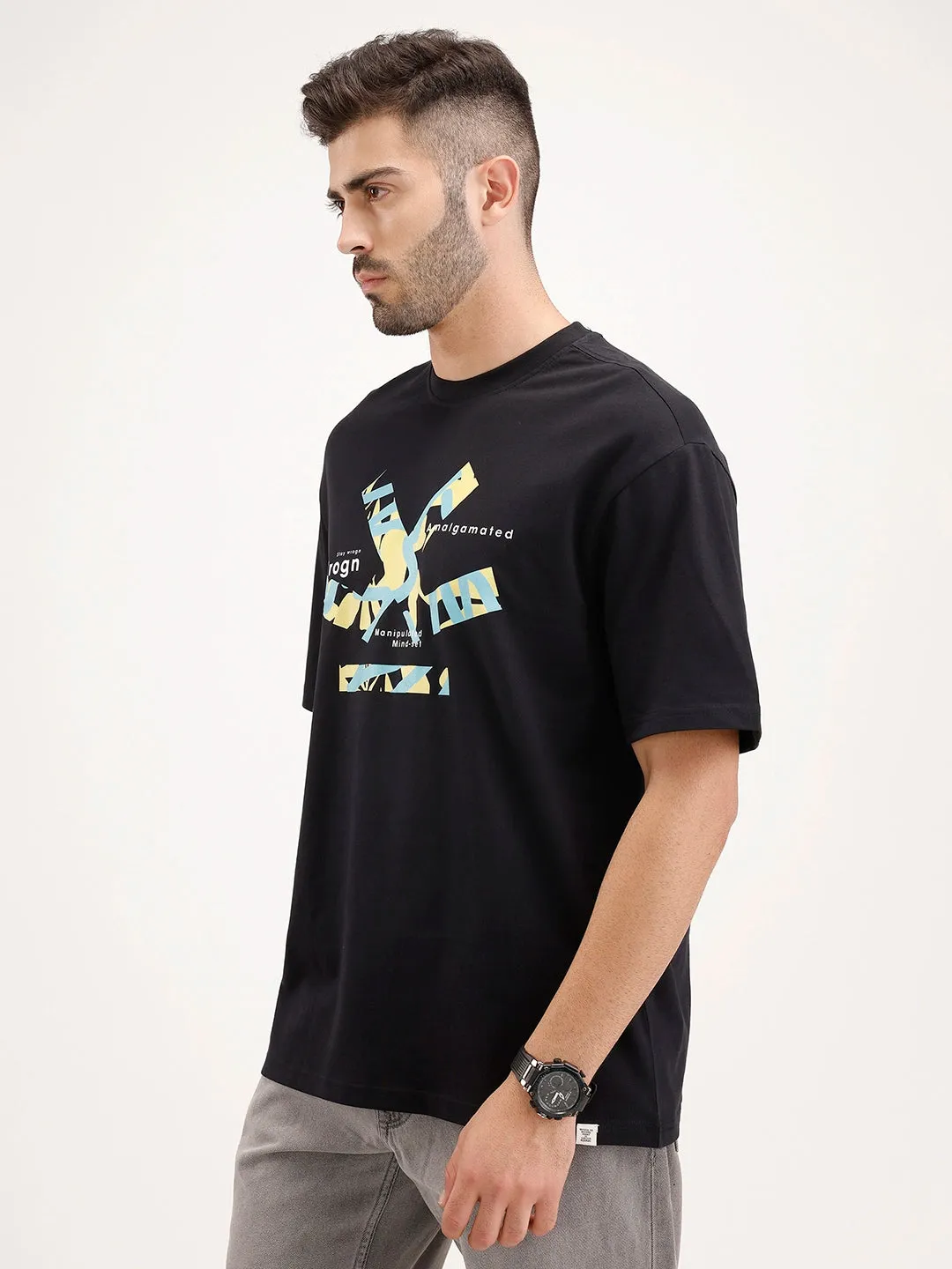 Oversized Fit Placement Printed T-Shirt | Black sold by Wrogn product image thumbnail 4