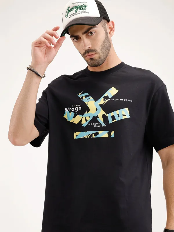 Oversized Fit Placement Printed T-Shirt | Black sold by Wrogn
