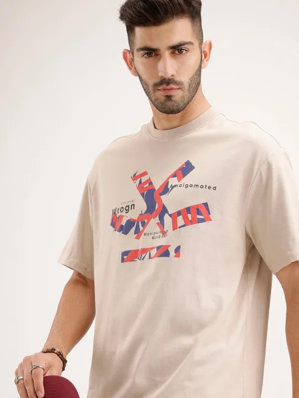 Oversized Placement Printed T-Shirt | Beige sold by Wrogn