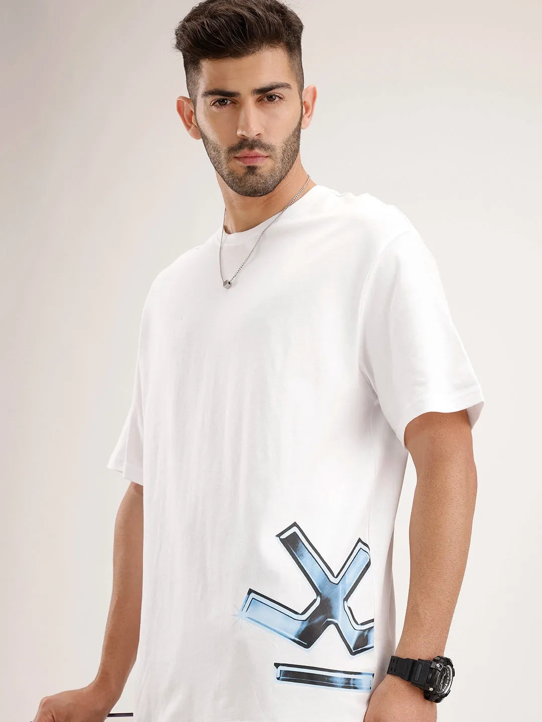 Oversized Fit Placement Printed T-Shirt | White sold by Wrogn