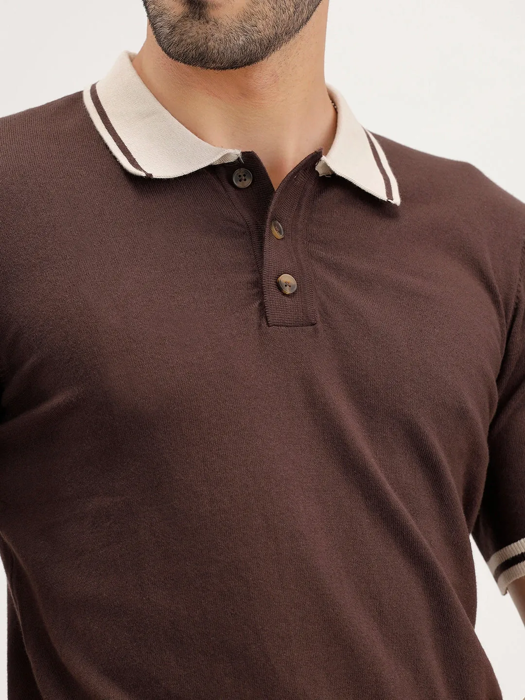 Slim Fit Flat Knit Polo T-Shirt | Brown sold by Wrogn product image thumbnail 5