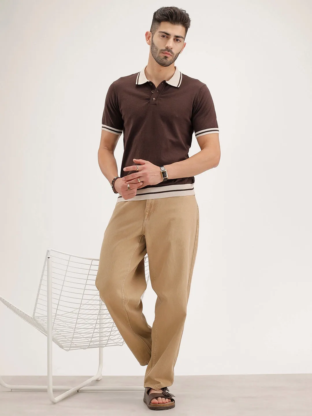 Slim Fit Flat Knit Polo T-Shirt | Brown sold by Wrogn product image thumbnail 2