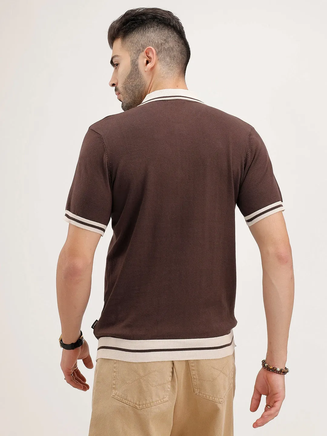Slim Fit Flat Knit Polo T-Shirt | Brown sold by Wrogn product image thumbnail 3