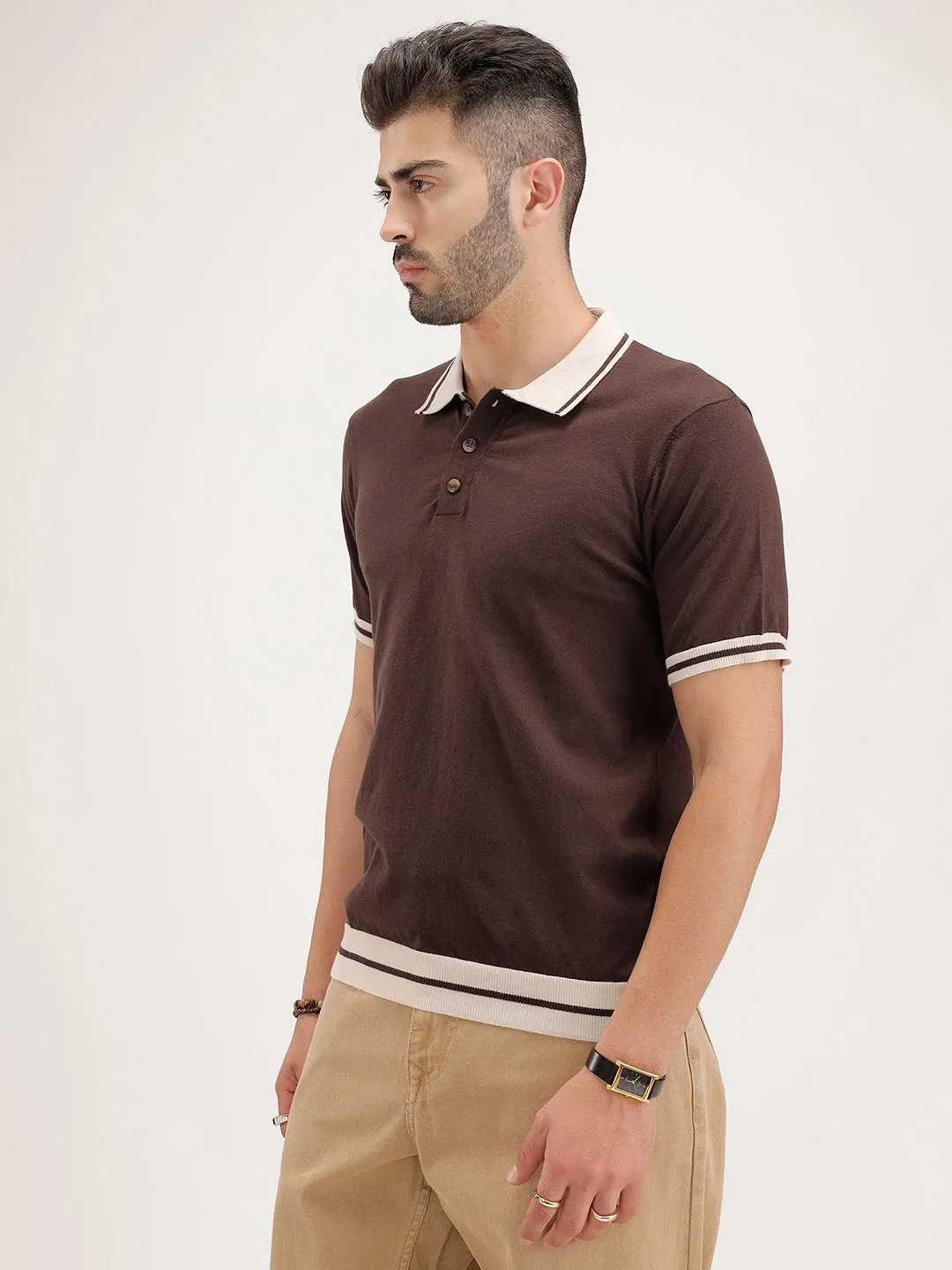 Slim Fit Flat Knit Polo T-Shirt | Brown sold by Wrogn product image thumbnail 4
