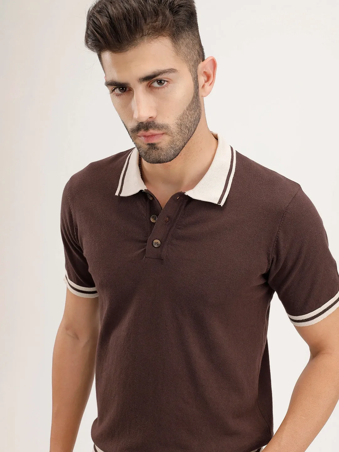 Slim Fit Flat Knit Polo T-Shirt | Brown sold by Wrogn